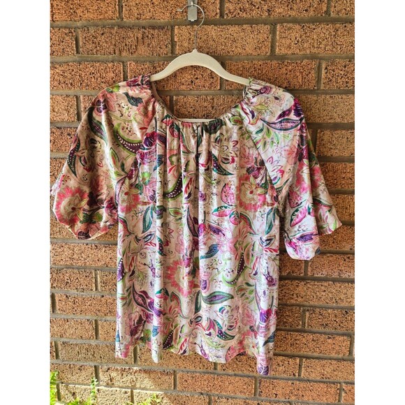 Sage + Fig Tops - SAGE + FIG Boho Paisley Floral Velvet Keyhole Blouse Size M - Pink Green Purple